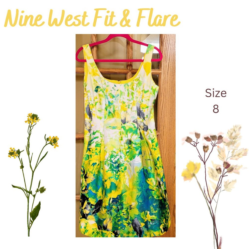 Nine West Fit & Flare vibrant Floral Cotton yellow, green, & blue dress sz 8
